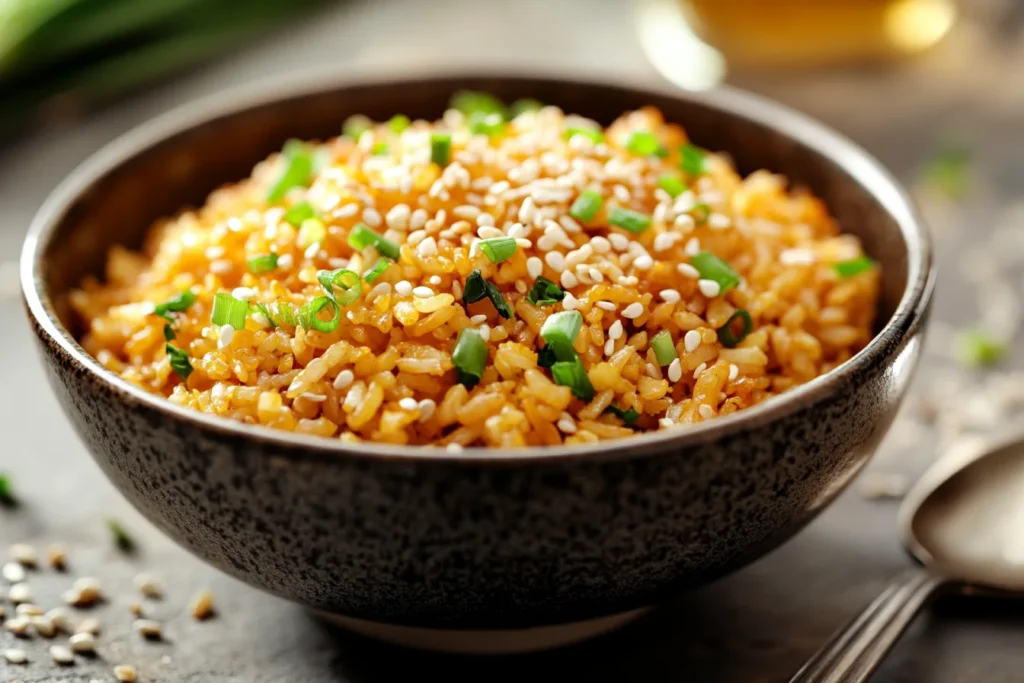 Garnished fried rice bowl.
