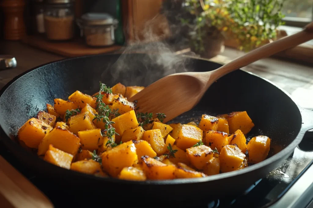 Kabocha squash cooking in a skillet.