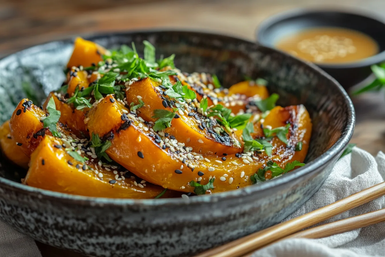 Plated kabocha squash with chopsticks.