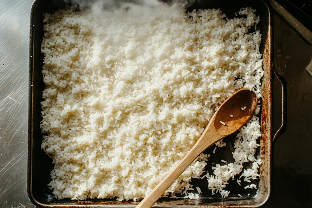 Rice cooling in tray.
