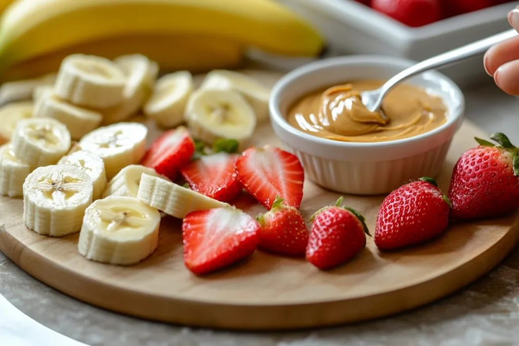 Sliced fruits and peanut butter. A