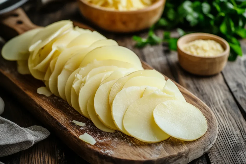 Sliced potatoes on board.