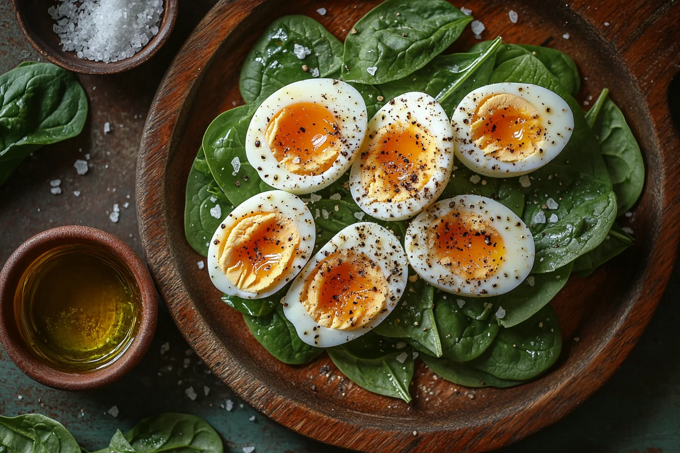 Spinach eggs rustic table
