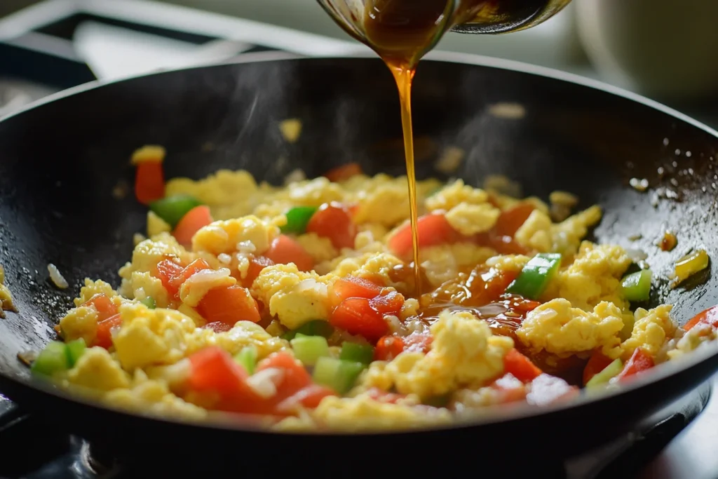 Stir frying rice and vegetables.