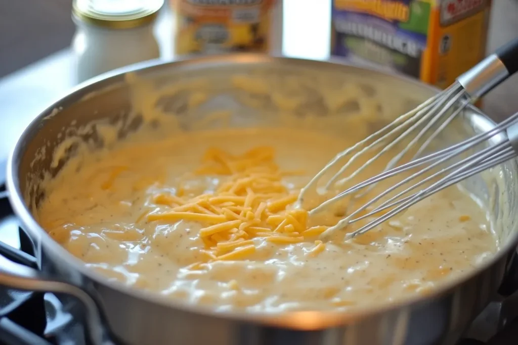 Whisking creamy cheese sauce.